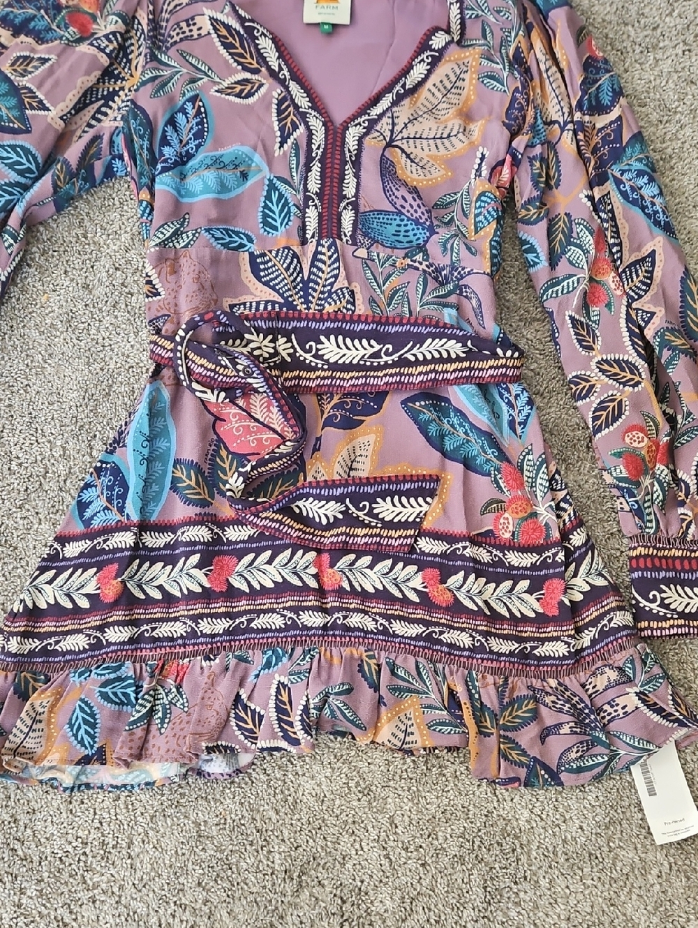 Farm Rio Purple Floral Boho Long Sleeve Mini Dress M - Picture 3 of 15